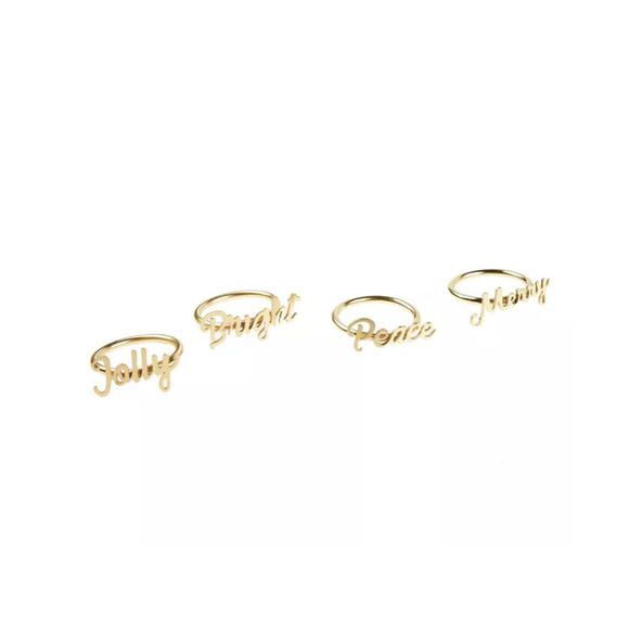 Bee & Willow Napkin Rings Set Of 4 Christmas Gold Jolly Merry Peace Bright NEW - Picture 4 of 8